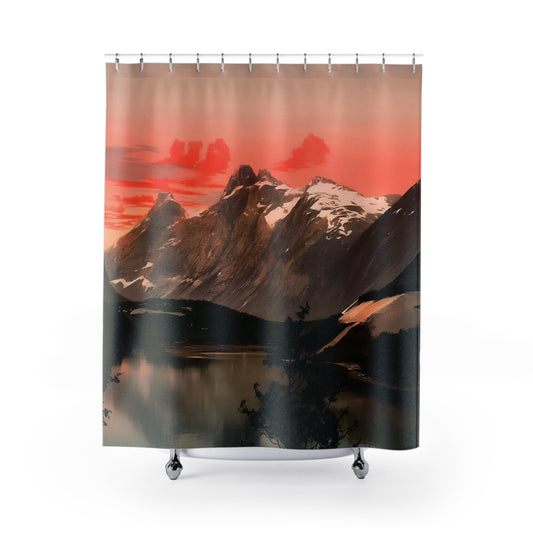 Red Mountain Sunset Shower Curtain with landscapes design, scenic bathroom decor featuring vibrant mountain sunsets.