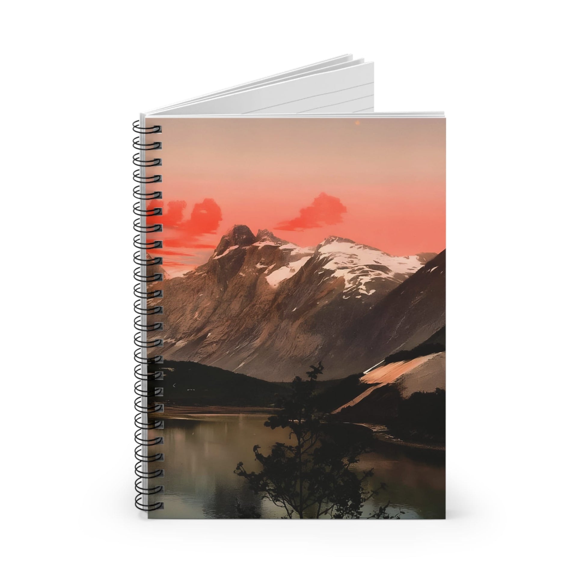 Red Mountain Sunset Spiral Notebook Standing up on White Desk