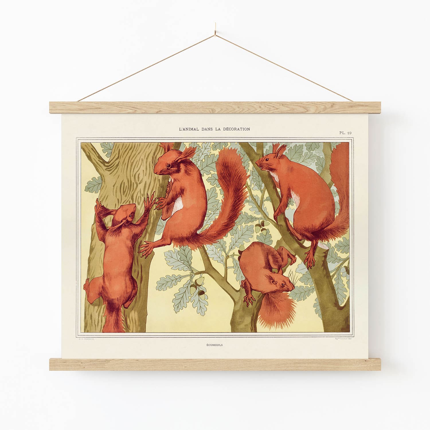 Four Squirrels in a Tree Art Print in Wood Hanger Frame on Wall