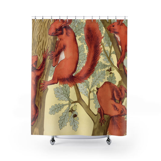Red Squirrels Shower Curtain, Animal Shower Curtains, Four Squirrels in a Tree Shower Curtain