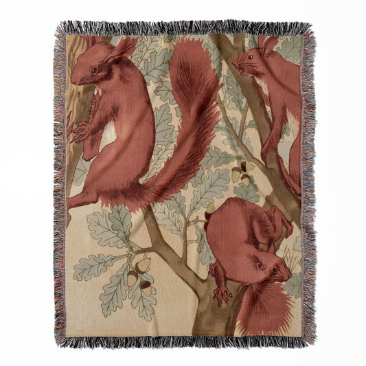 Red Squirrels woven throw blanket, crafted from 100% cotton, delivering a soft and cozy texture with a nature decor theme for home decor.