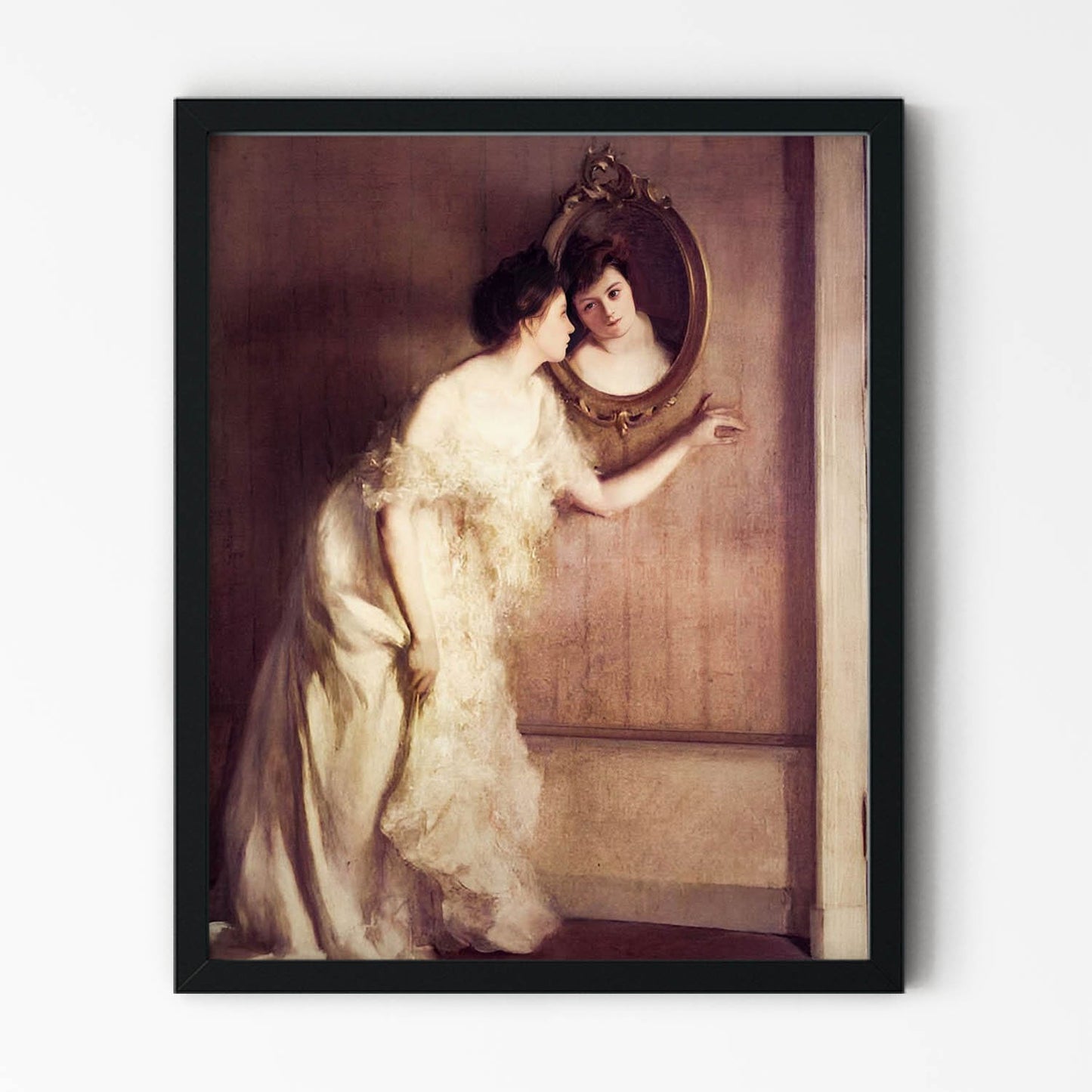 Young Girl in a White Dress Painting in Black Picture Frame