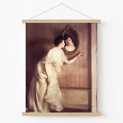 Young Girl in a White Dress Art Print in Wood Hanger Frame on Wall