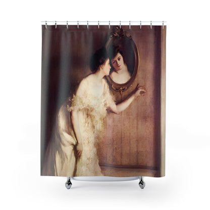 Reflection Shower Curtain with Victorian era girl design, historical bathroom decor showcasing Victorian themes.