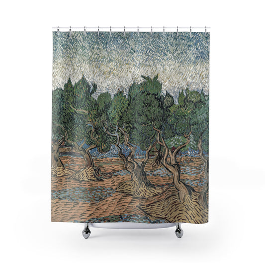 Relaxing Tree Shower Curtain with abstract landscape design, calming bathroom decor featuring tranquil tree scenes.