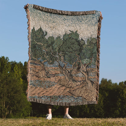 Relaxing Tree Woven Throw Blanket Held Up Outside