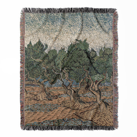 Relaxing Tree woven throw blanket, crafted from 100% cotton, providing a soft and cozy texture with an abstract landscape design for home decor.