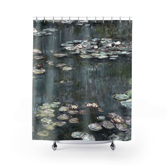 Relaxing Water Painting Shower Curtain with Claude Monet design, serene bathroom decor featuring tranquil water scenes.
