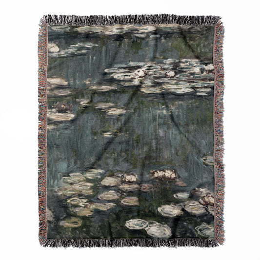 Relaxing Water Painting woven throw blanket, made of 100% cotton, offering a soft and cozy texture with a Claude Monet water painting for home decor.