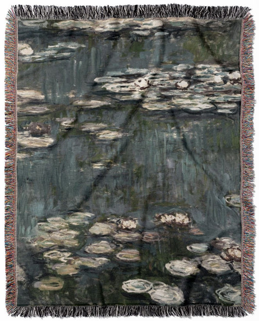Relaxing Water Painting woven throw blanket, made of 100% cotton, offering a soft and cozy texture with a Claude Monet water painting for home decor.