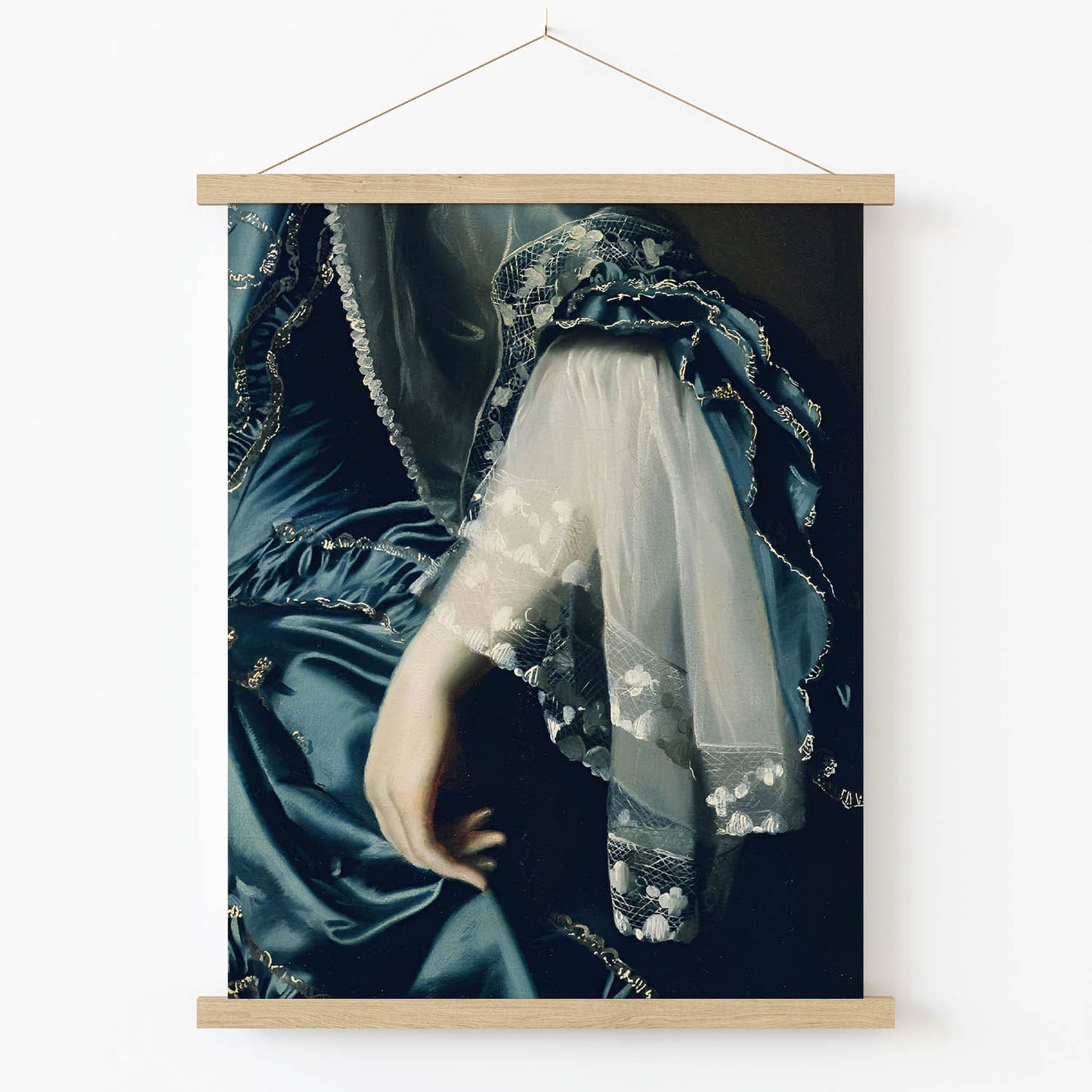 Aesthetic Sapphire Blue Dress Art Print in Wood Hanger Frame on Wall