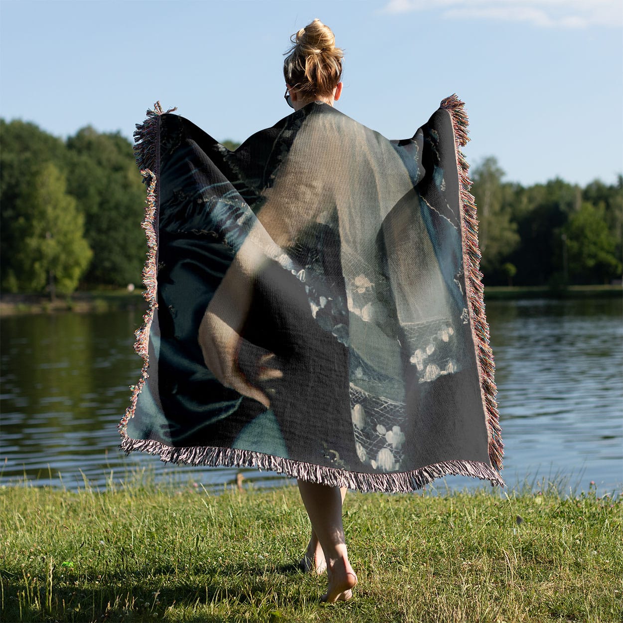 Renaissance Fashion Woven Blanket Held on a Woman's Back Outside