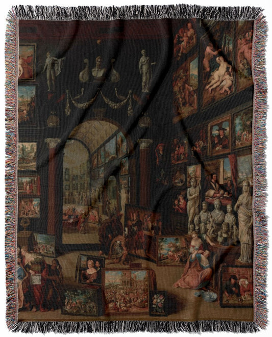 Renaissance woven throw blanket, made with 100% cotton, providing a soft and cozy texture with an academia and art theme for home decor.