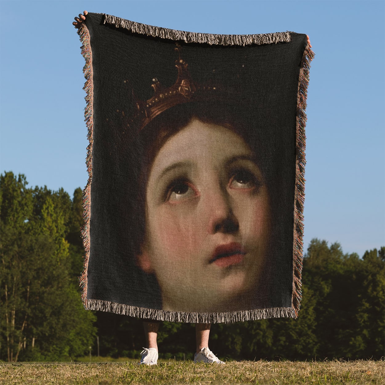 Renaissance Woven Throw Blanket Held Up Outside