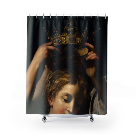 Coronation Shower Curtain with Renaissance queen design, regal bathroom decor featuring royal Renaissance themes.