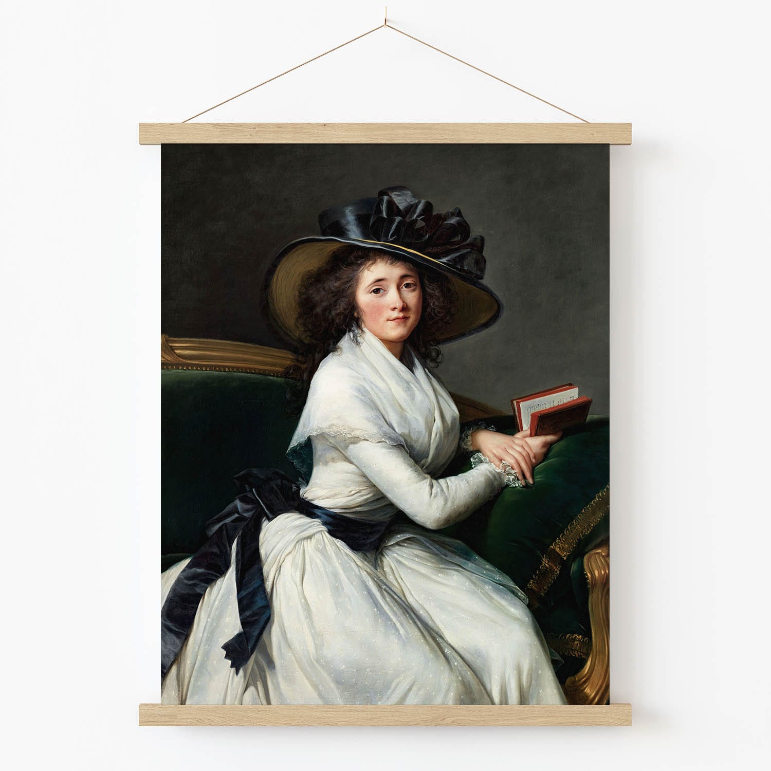 Woman in a Back Hat Art Print in Wood Hanger Frame on Wall