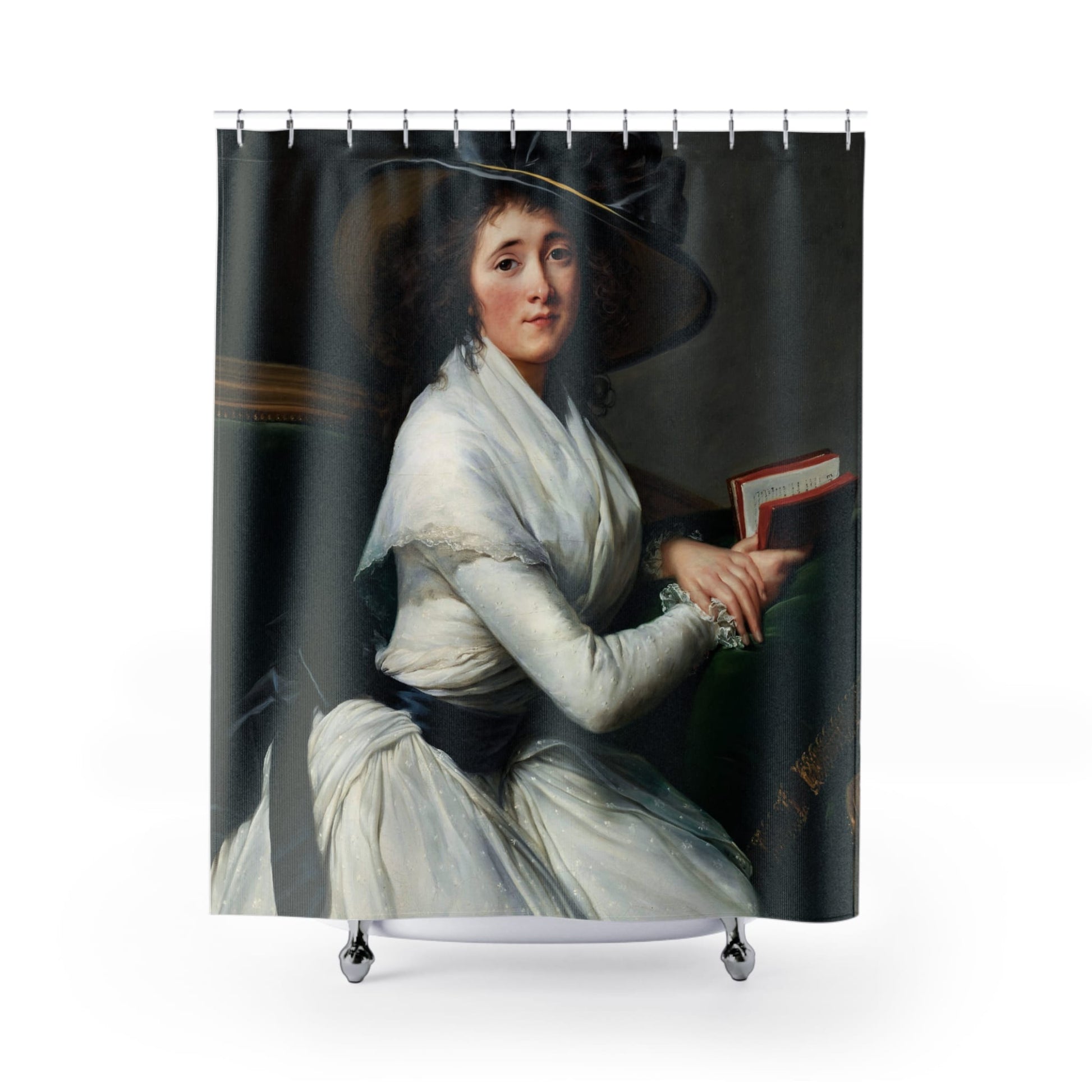 Renaissance Reading Shower Curtain with woman in black hat design, classic bathroom decor featuring Renaissance reading scenes.