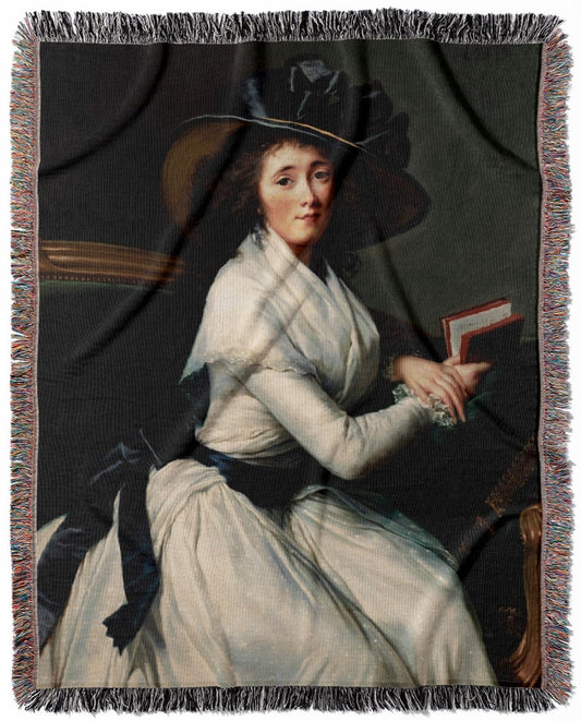 Renaissance Reading woven throw blanket, made of 100% cotton, featuring a soft and cozy texture with a woman in a black hat for home decor.