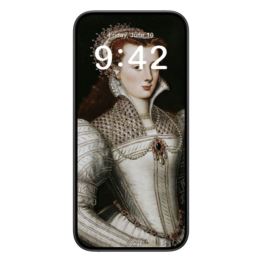 Renaissance Royalty phone wallpaper background with woman in pearls design shown on a phone lock screen, instant download available.