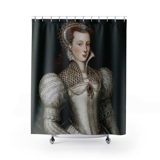 Renaissance Royalty Shower Curtain with woman in pearls design, elegant bathroom decor showcasing Renaissance fashion.