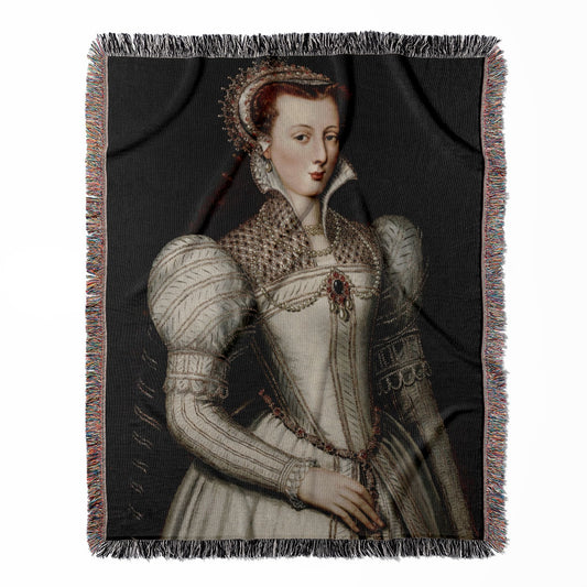 Renaissance Royalty woven throw blanket, made of 100% cotton, offering a soft and cozy texture with a woman in pearls theme for home decor.
