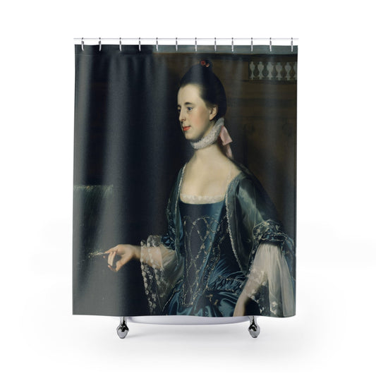 Renaissance Teacher Shower Curtain with blue period dress design, scholarly bathroom decor featuring classical teaching themes.