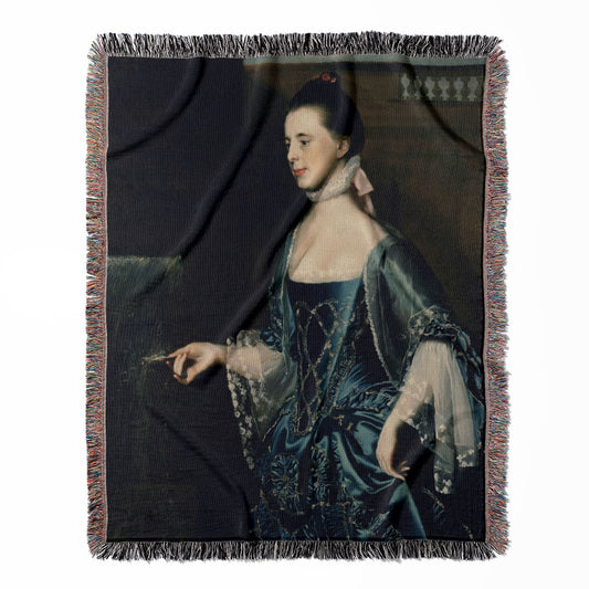 Renaissance Teacher woven throw blanket, crafted from 100% cotton, delivering a soft and cozy texture with a blue period dress for home decor.