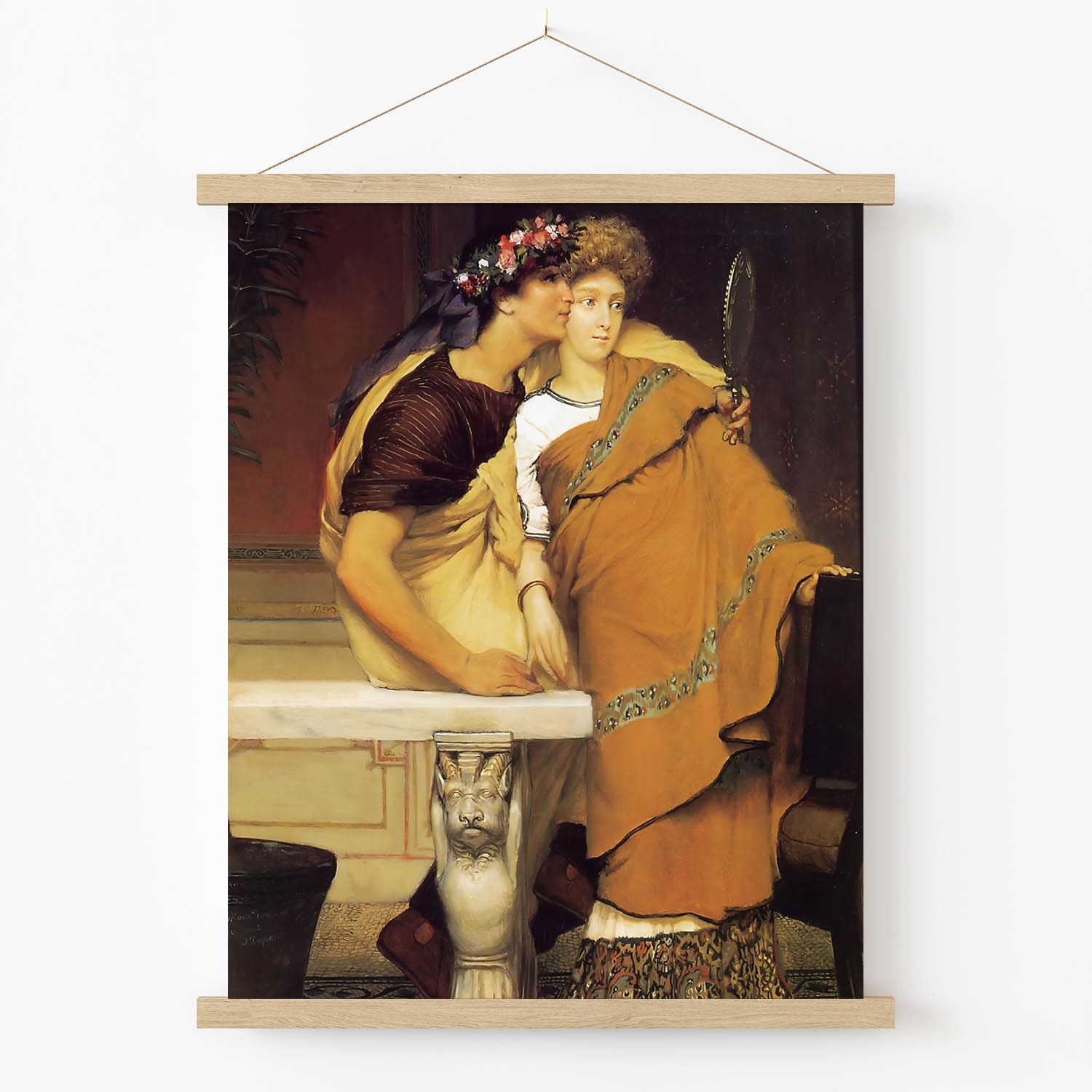 Two Young Lovers Art Print in Wood Hanger Frame on Wall