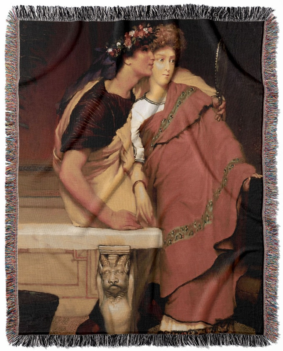 Renaissance Youth woven throw blanket, made of 100% cotton, featuring a soft and cozy texture with two lovers for home decor.