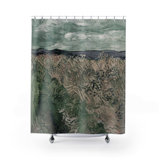 Revitalized Shower Curtain with muted landscape design, serene bathroom decor showcasing tranquil landscape scenes.