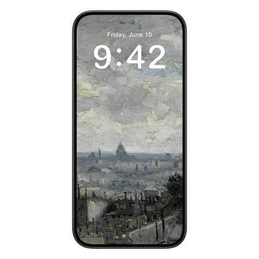 Revitalized Vintage phone wallpaper background with paris by van gogh design shown on a phone lock screen, instant download available.