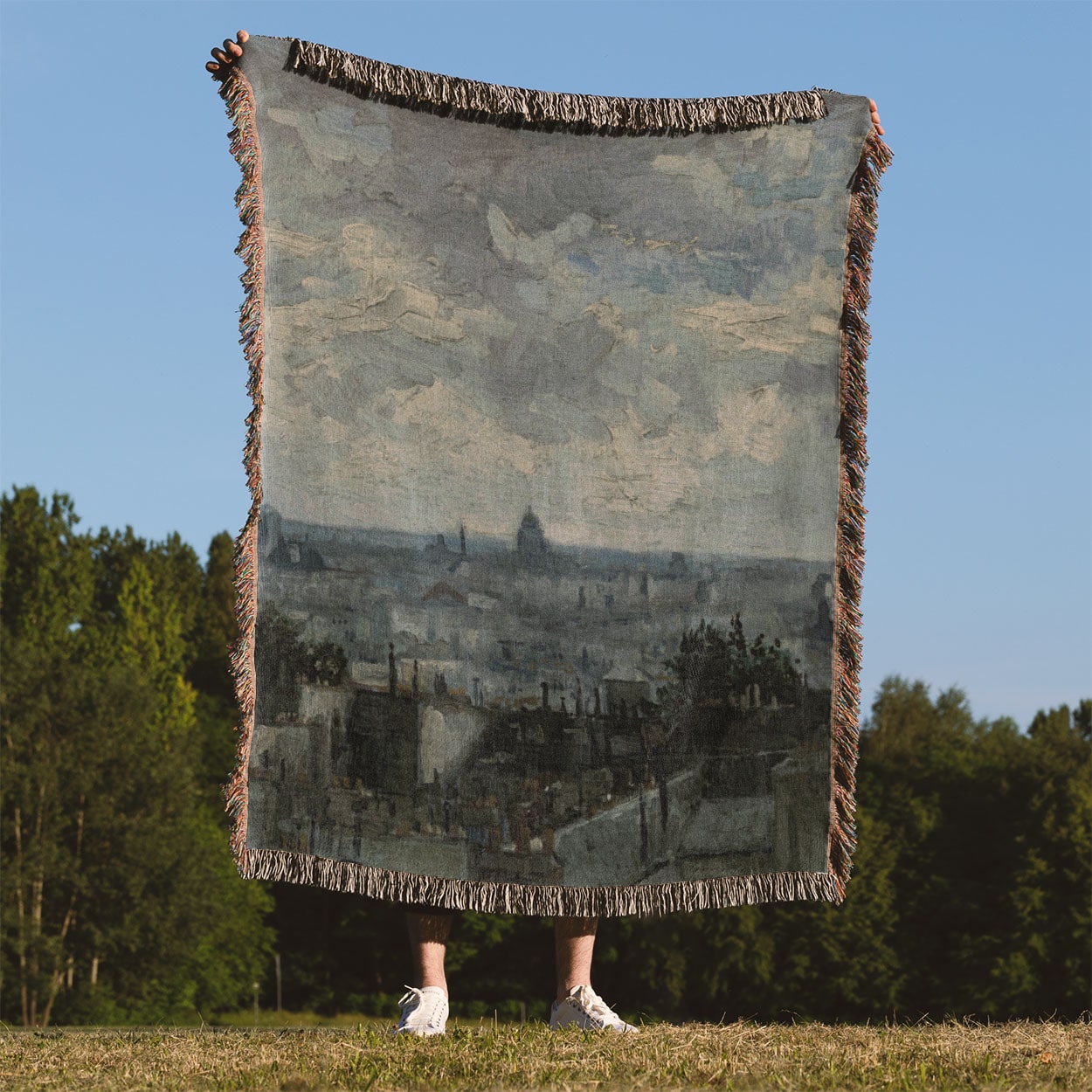 Revitalized Vintage Woven Blanket Held Up Outside