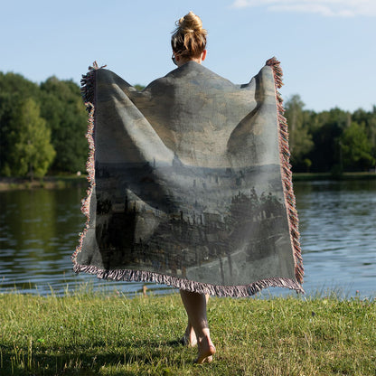 Revitalized Vintage Woven Blanket Held on a Woman's Back Outside