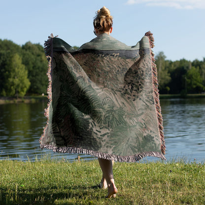 Revitalized Woven Throw Blanket Held on a Woman's Back Outside