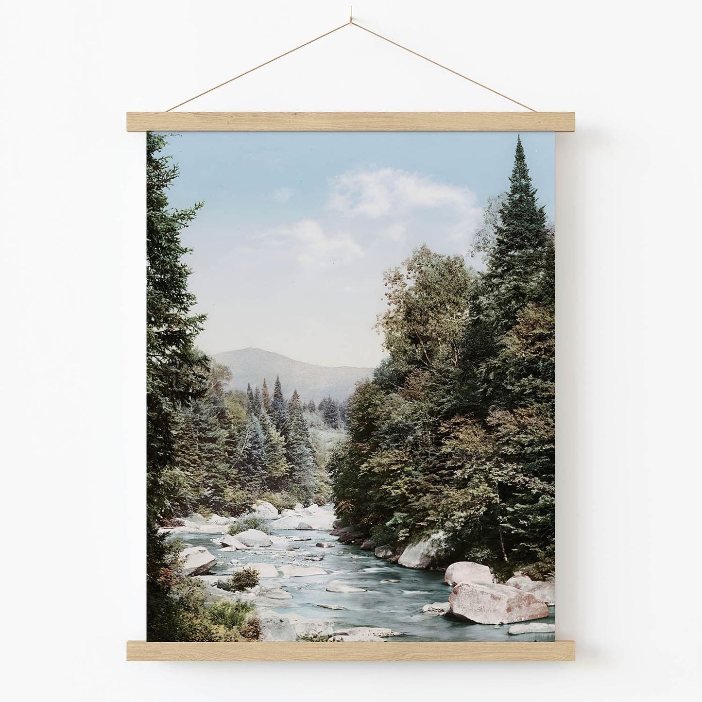 Peaceful Mountain Art Print in Wood Hanger Frame on Wall