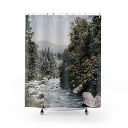 River Shower Curtain with peaceful mountains design, scenic bathroom decor featuring tranquil mountain views.