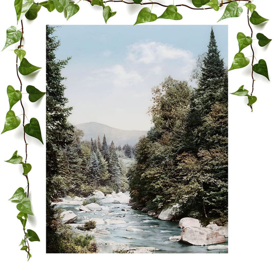 River art print featuring peaceful mountains, vintage wall art room decor