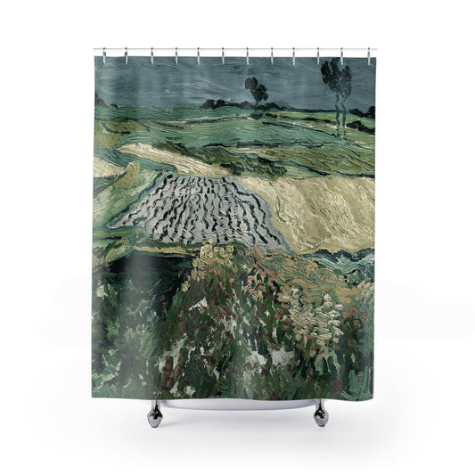 Rolling Hills Shower Curtain with muted sage green design, rustic bathroom decor showcasing serene rolling hills.