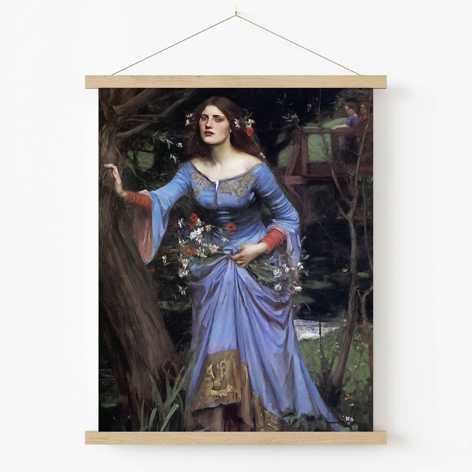 Woman in a Blue Dress Art Print in Wood Hanger Frame on Wall