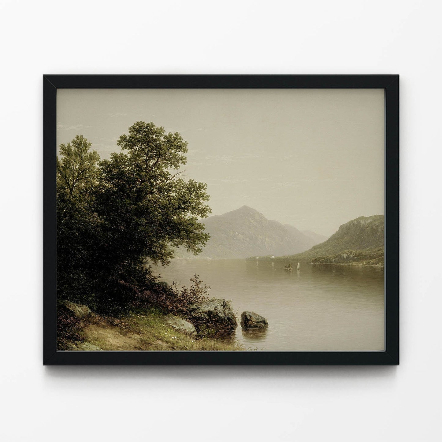 Mountian and Lake Painting in Black Picture Frame