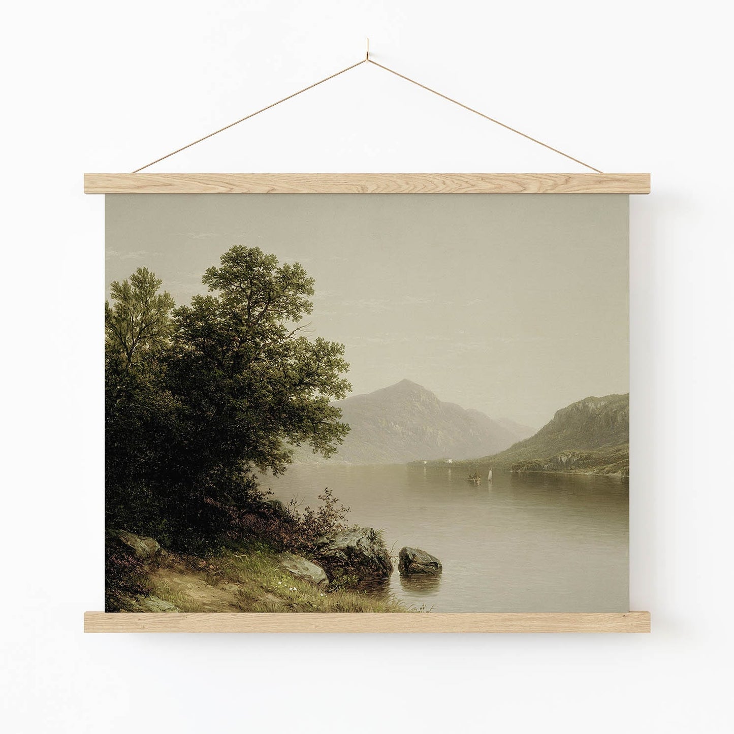 Mountian and Lake Art Print in Wood Hanger Frame on Wall