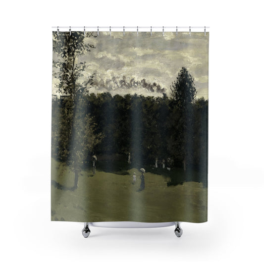Sage Green Landscape Shower Curtain with country train design, rustic bathroom decor featuring serene countryside views.