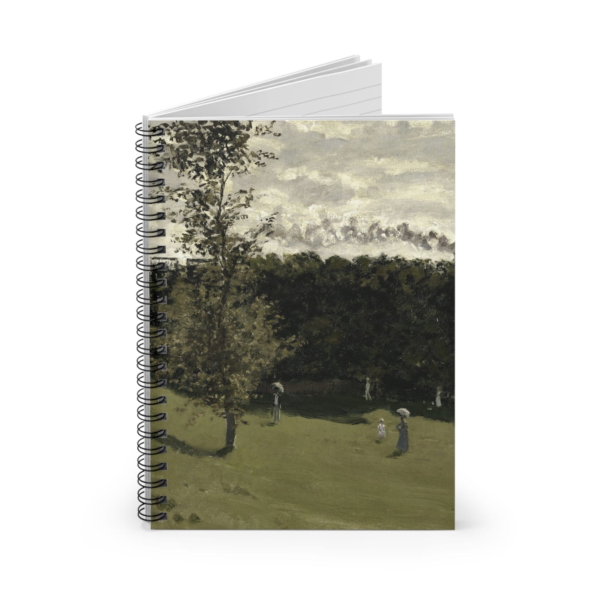 Sage Green Landscape Spiral Notebook Standing up on White Desk