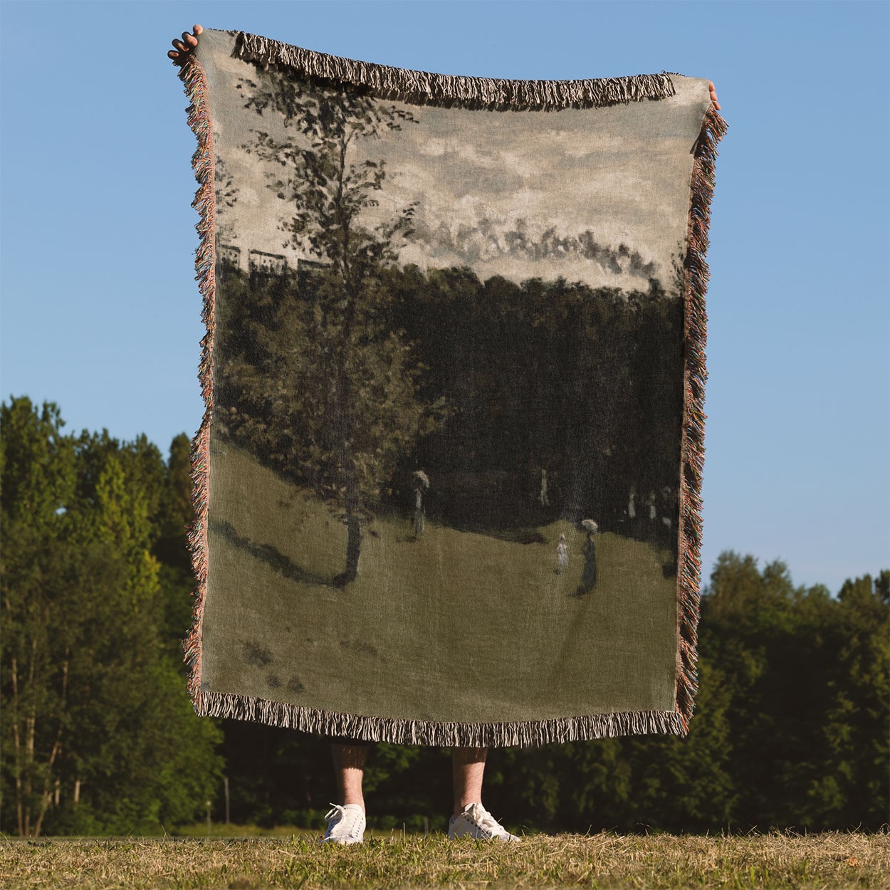 Sage Green Landscape Woven Throw Blanket Held Up Outside