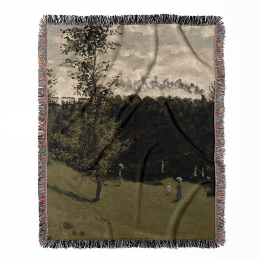 Sage Green Landscape woven throw blanket, crafted from 100% cotton, providing a soft and cozy texture with a country train theme for home decor.