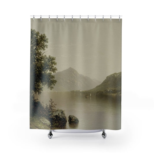 Lake George Shower Curtain with sage green design, nature-inspired bathroom decor featuring tranquil lake scenes.