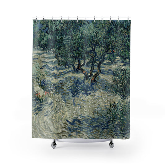 Sage Green Shower Curtain with olive grove design, rustic bathroom decor showcasing peaceful olive tree views.