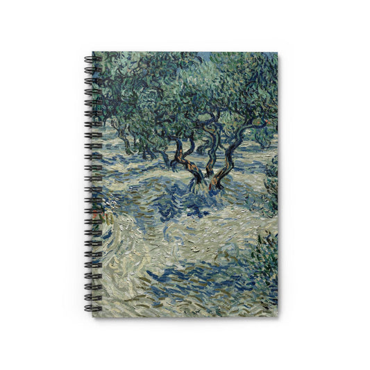 Sage Green Notebook with Olive Grove cover, perfect for journaling and planning, showcasing a serene olive grove scene.