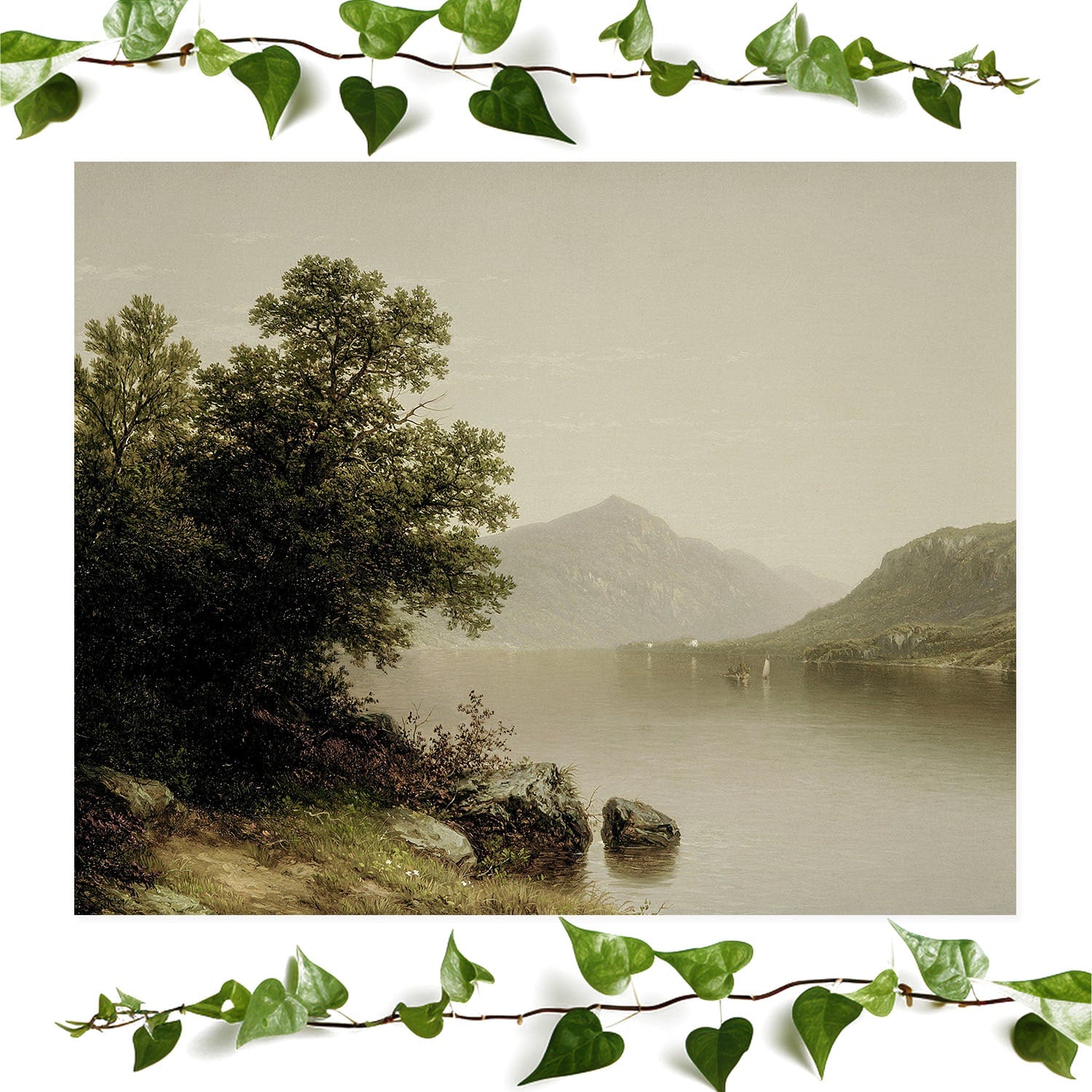 Lake George art prints featuring a sage green painting, vintage wall art room decor