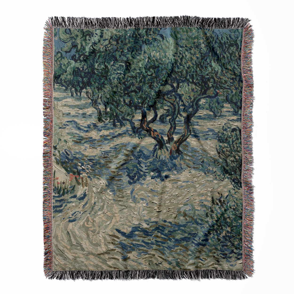 Sage Green woven throw blanket, made with 100% cotton, featuring a soft and cozy texture with an olive grove by Van Gogh design for home decor.